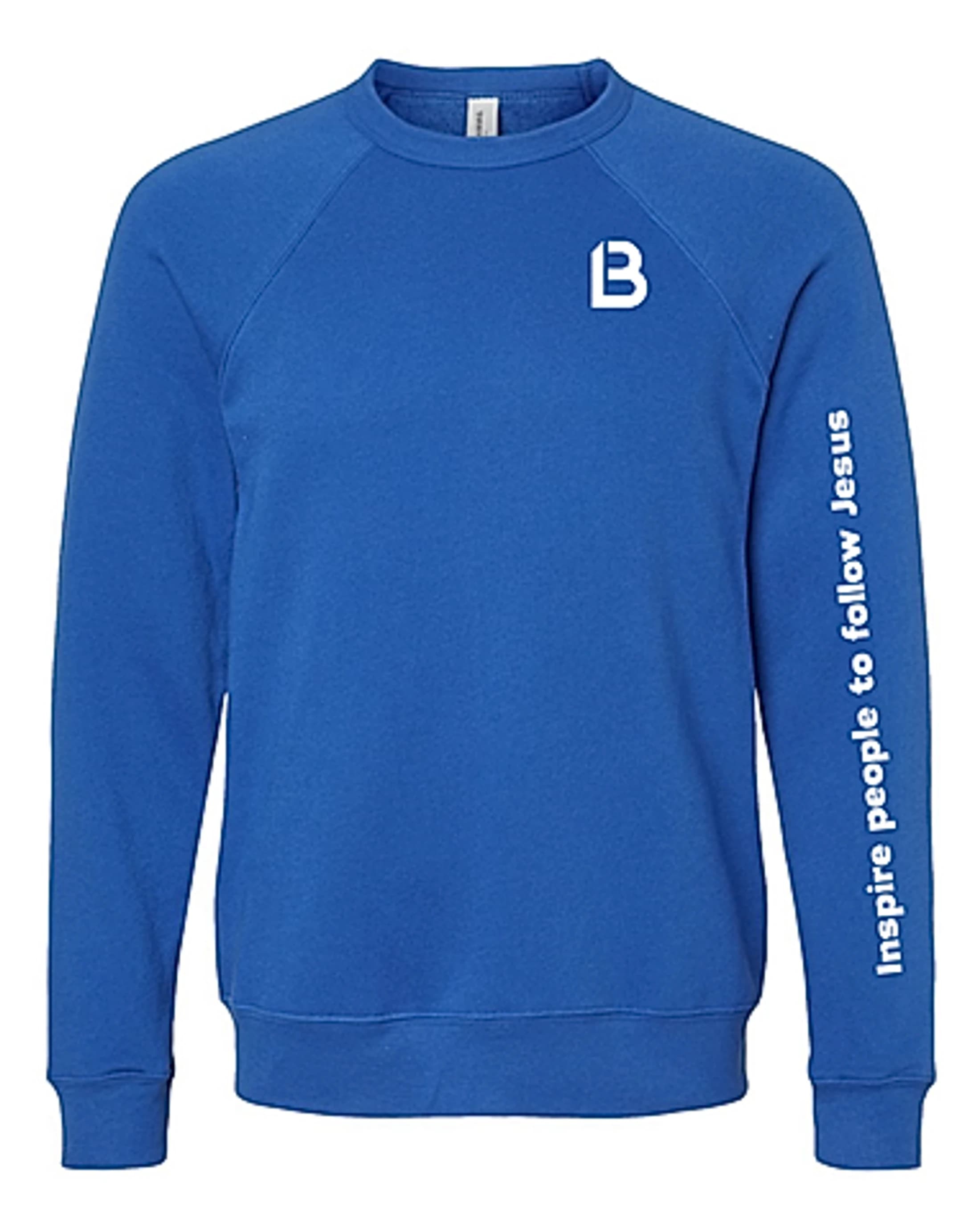 A royal blue crewneck sweatshirt with a white 'B' logo on the chest and the text 'Inspire people to follow Jesus' printed in white down the left sleeve.